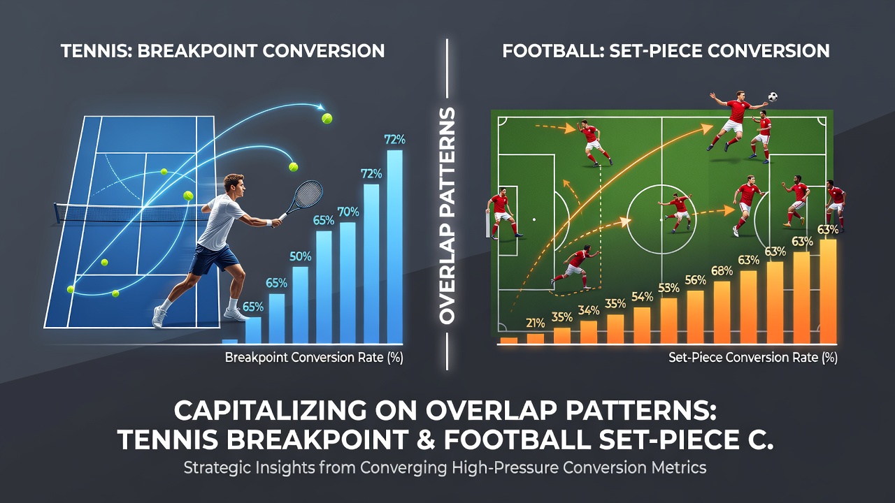 Data visualization charts comparing tennis breakpoint and football set-piece conversion percentages with matched betting workflow overlays
