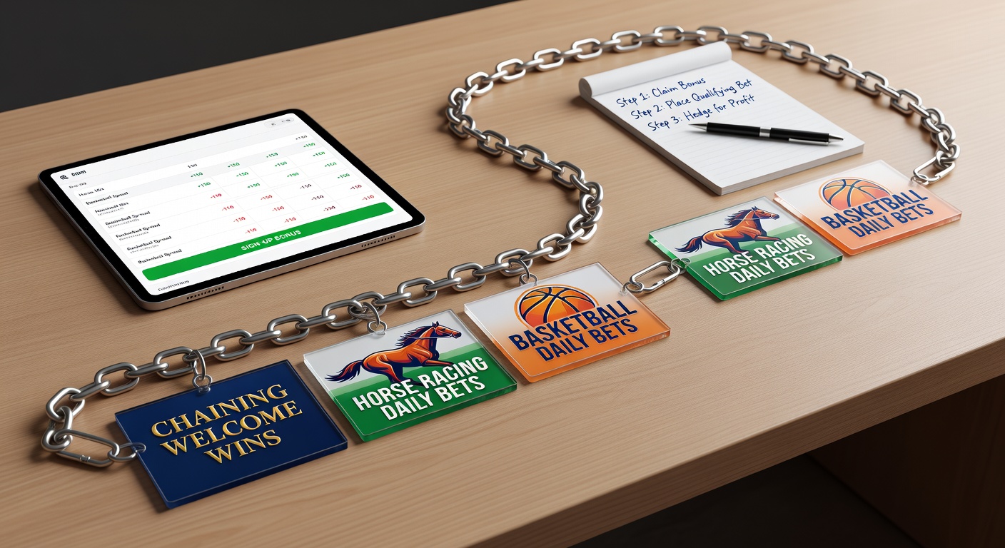 Horse racing track with overlaid basketball court graphics illustrating matched betting chains between sports