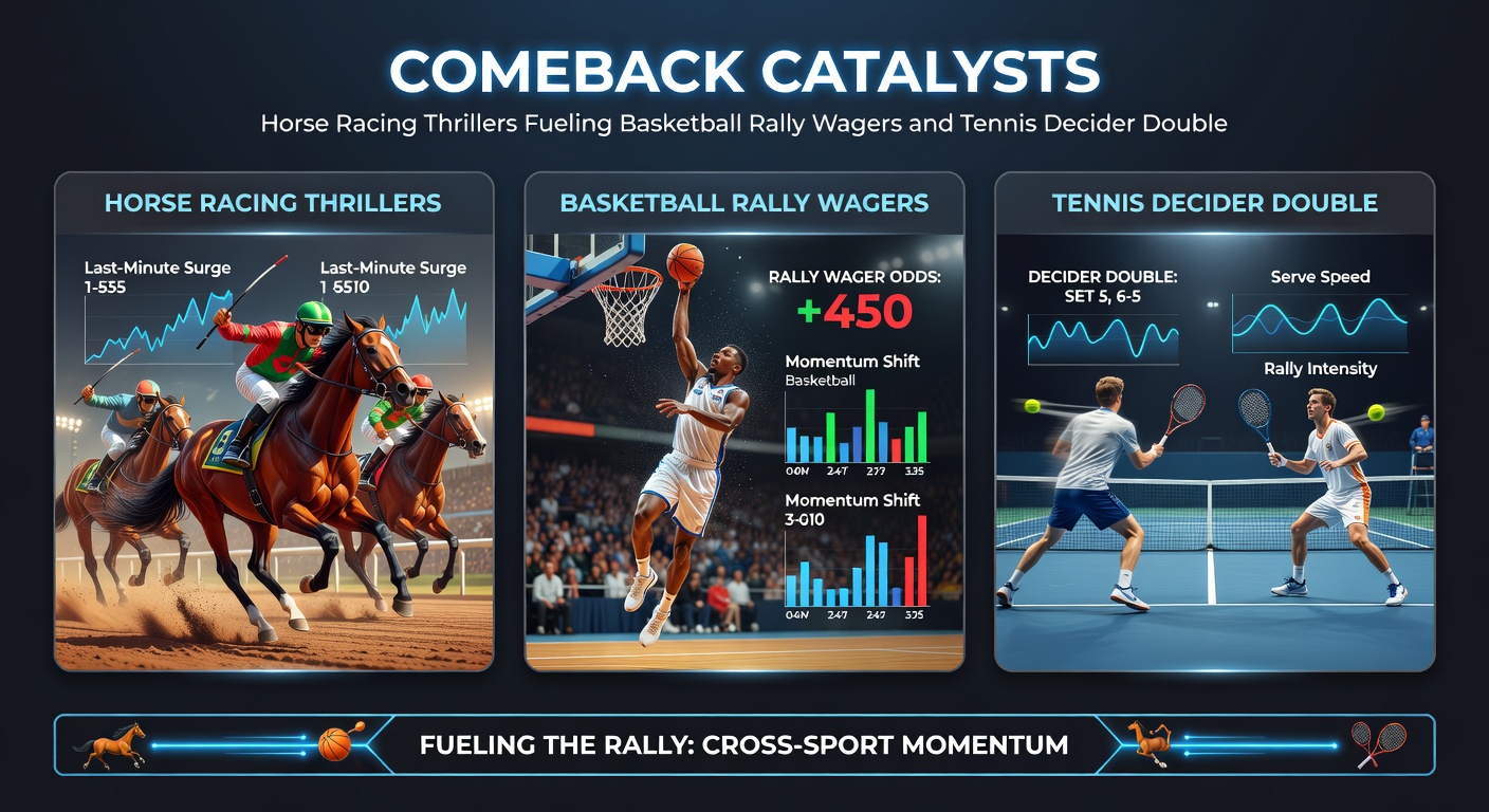 Dynamic split image showing a basketball player driving for a comeback dunk alongside a tennis duo celebrating a decider set win, with a blurred horse race in the foreground