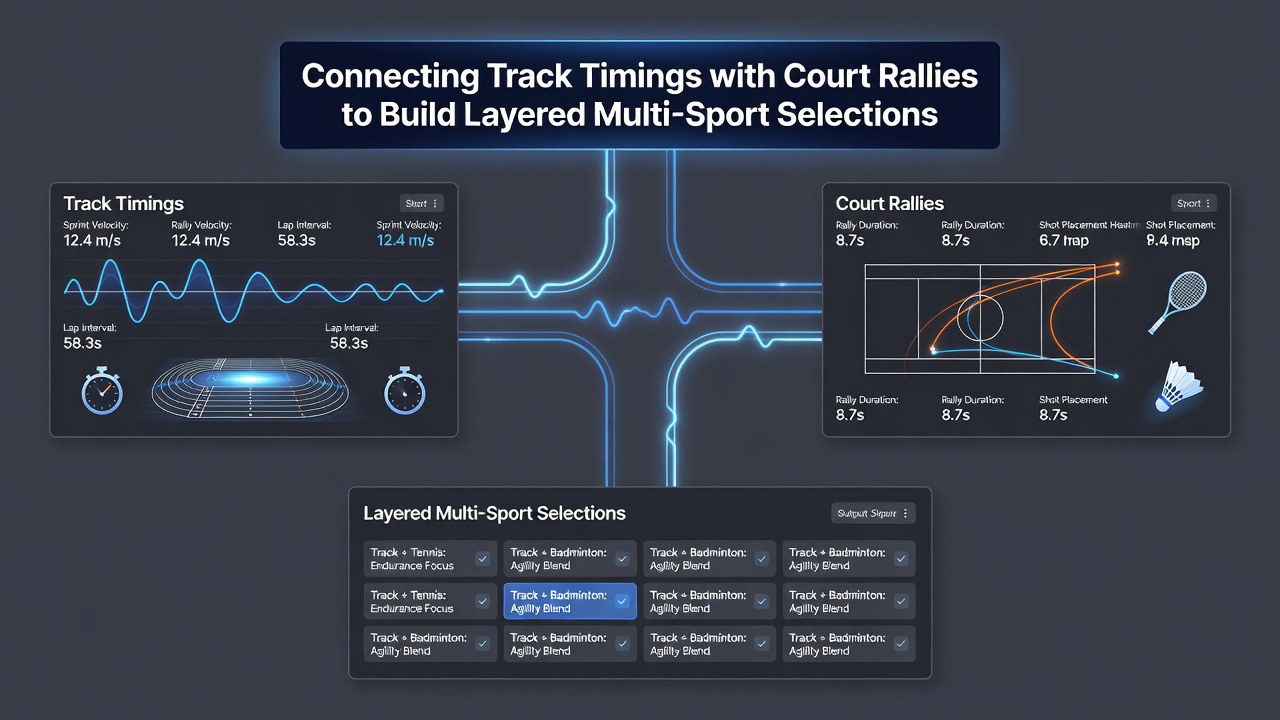 Split-screen visualization of a horse race final furlong alongside a tennis rally point sequence with synchronized timing overlays