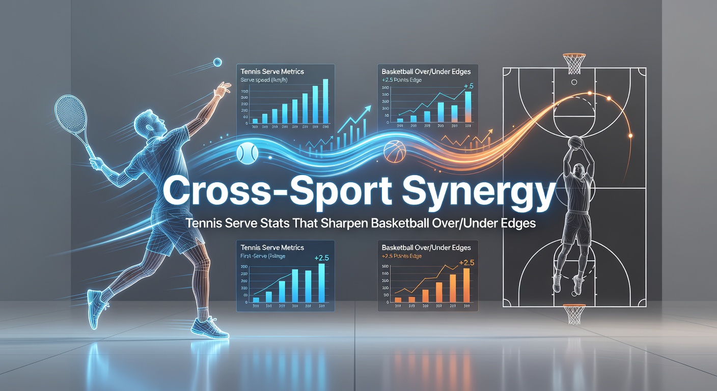 Dynamic tennis serve captured mid-air, overlayed with basketball hoop and scoring lines to illustrate cross-sport data connections