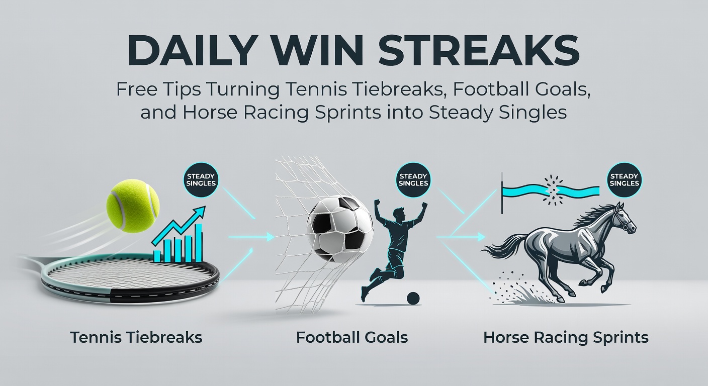 Tennis player in intense tiebreak action, football goal celebration, and horse sprinting to the finish line, illustrating daily betting opportunities