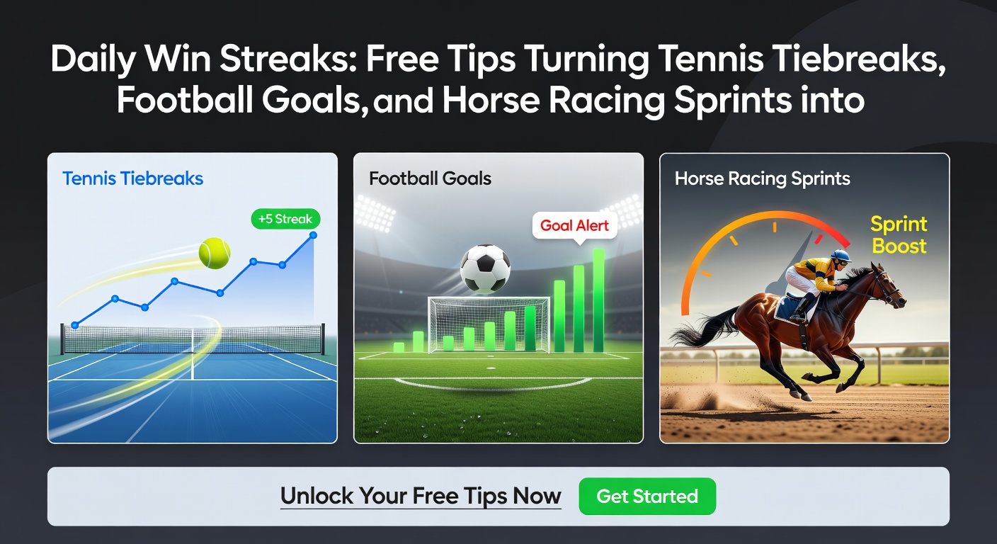Collage of tennis tiebreak tension, a football goal explosion, and horses charging in a sprint race, capturing the thrill of daily betting streaks