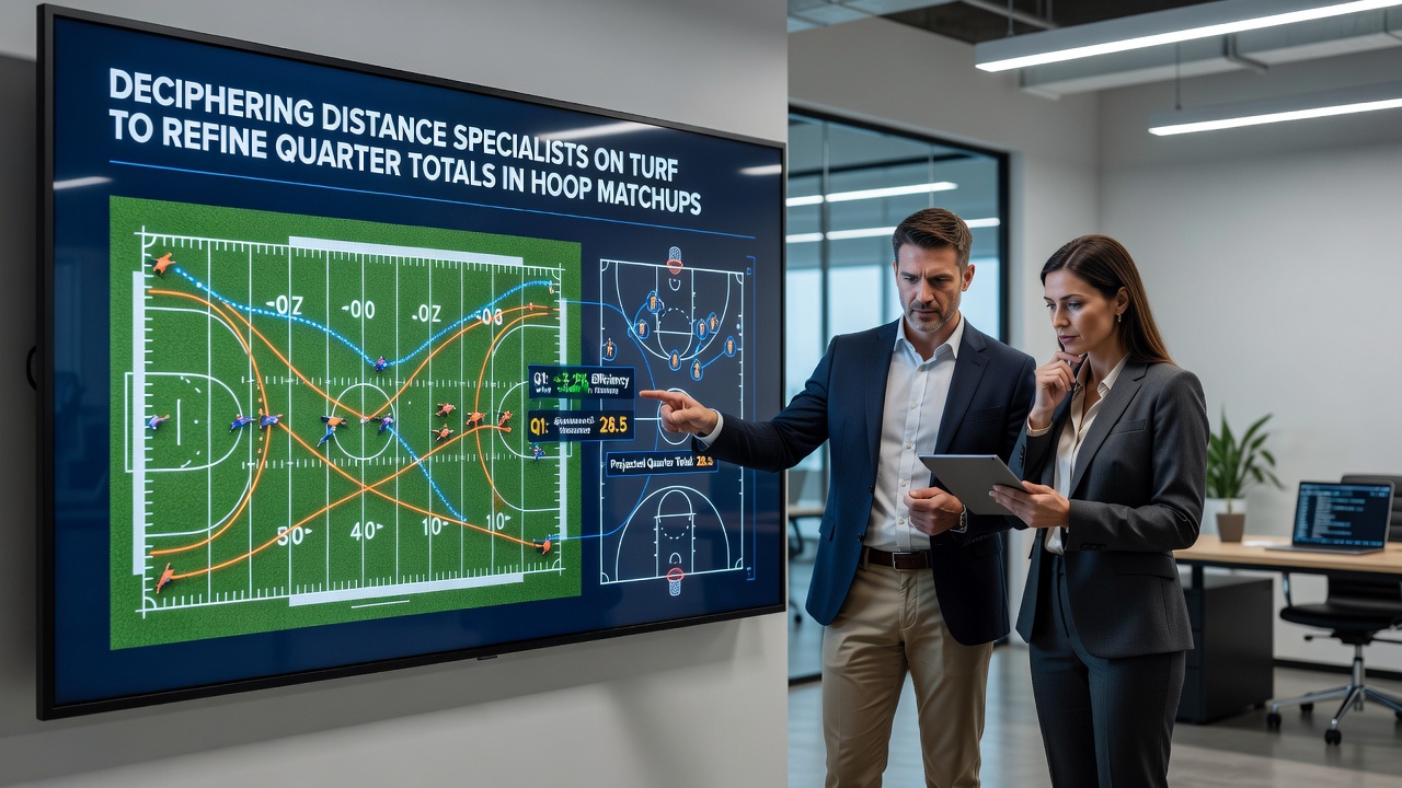 Basketball court with overlaid racing pace metrics and quarter totals