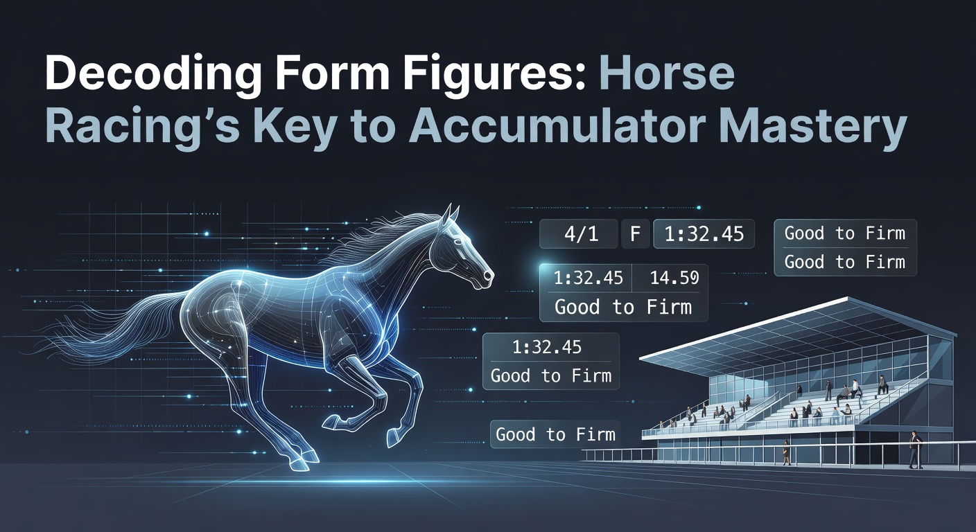 A close-up of a horse racing form card highlighting key form figures and symbols, with a blurred racetrack in the background