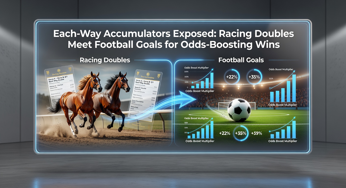 Football player celebrating a goal with overlaid graphics showing each-way accumulator odds from horse racing selections