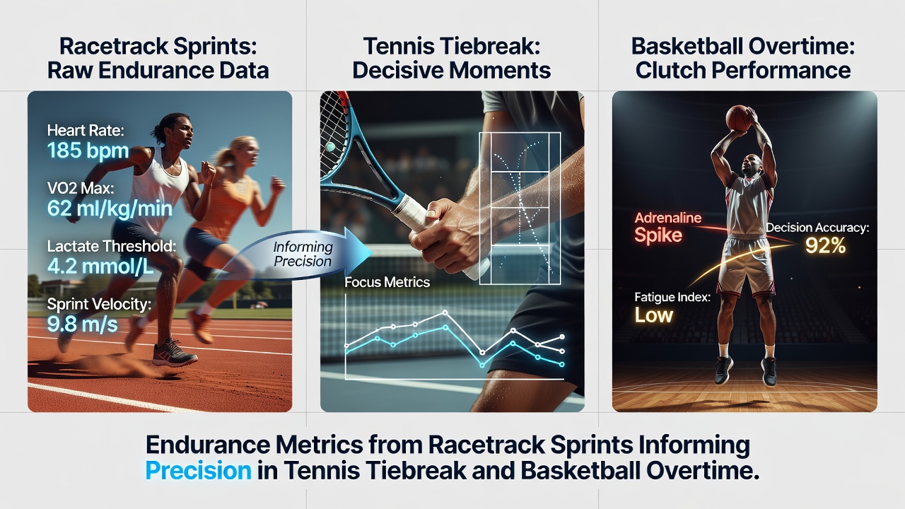 Basketball overtime analysis with overlaid endurance graphs from racetrack sprints and tennis tiebreak data