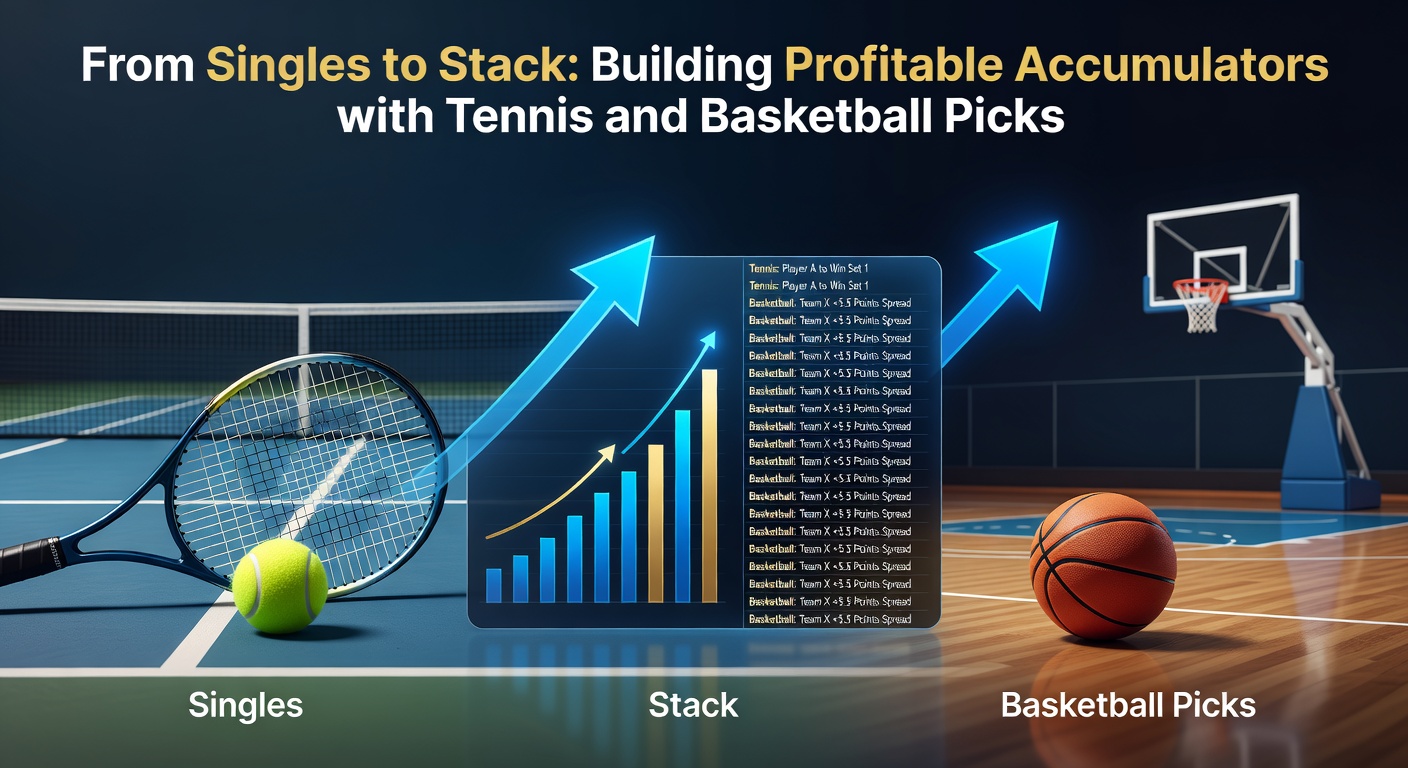 Basketball players in action during a fast-paced game overlaid with tennis racket and ball, illustrating accumulator synergy