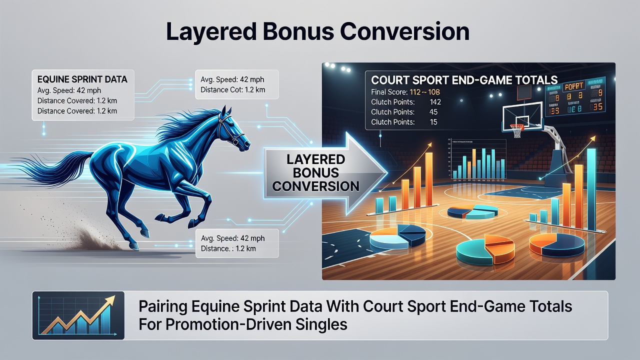 Equine sprint performance data displayed alongside tennis and basketball end-game statistics for promotional analysis