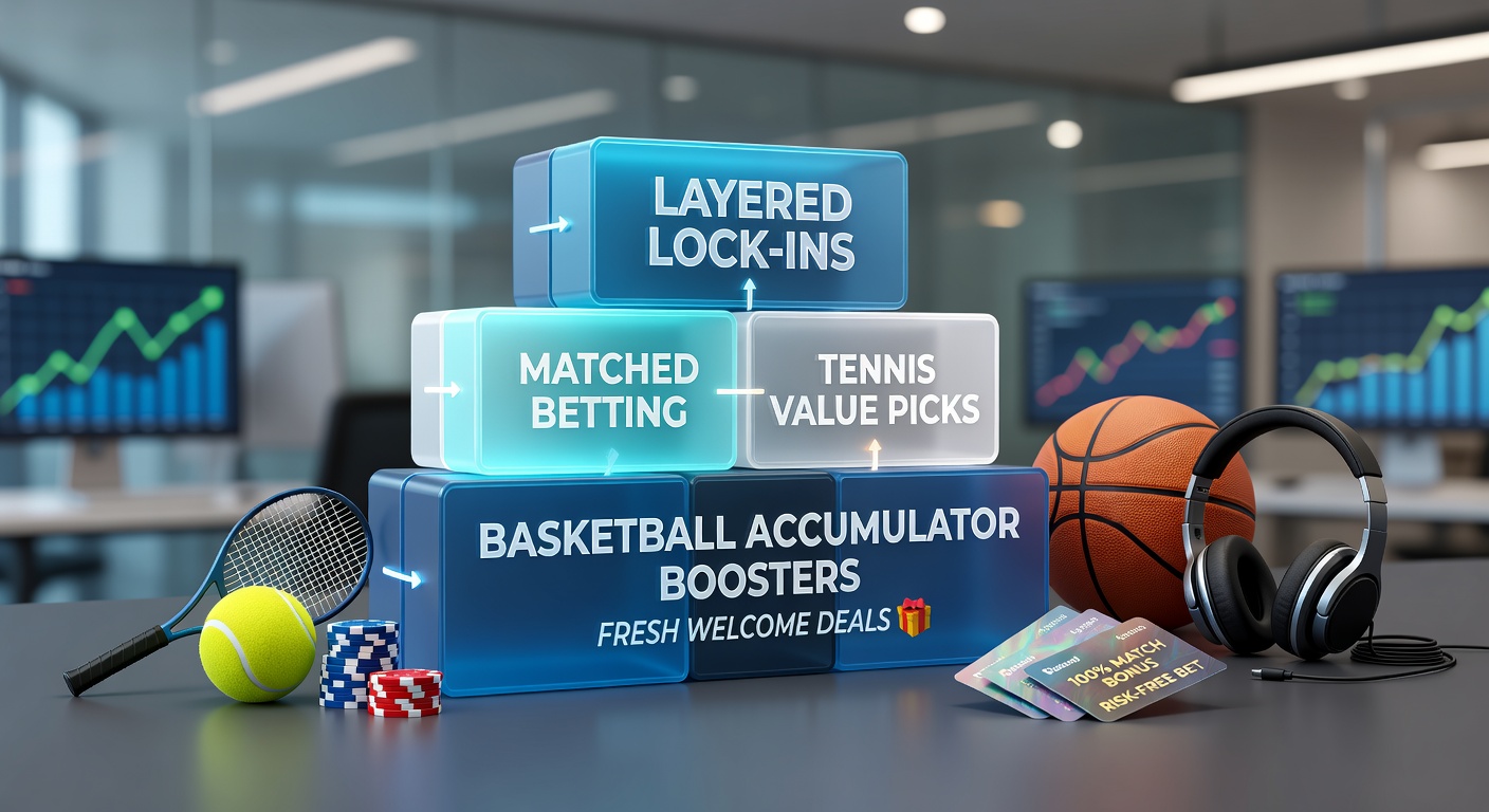 Digital graphic showing layered betting locks with tennis courts, basketball hoops, and stacked accumulator chips illuminated by welcome bonus lights