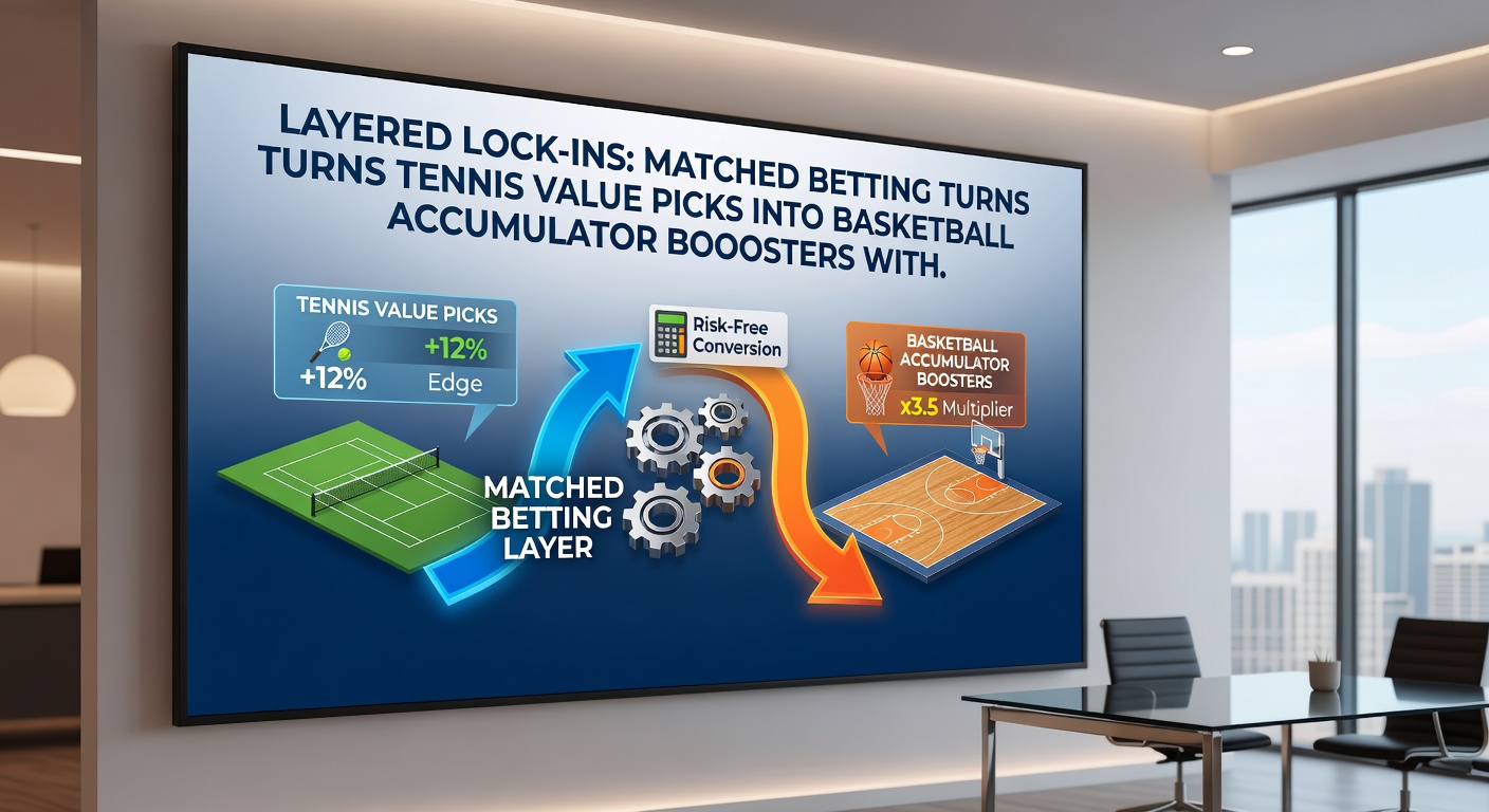 Collage of basketball accumulator odds boards overlaid with tennis match stats and locked profit chains from matched betting promotions