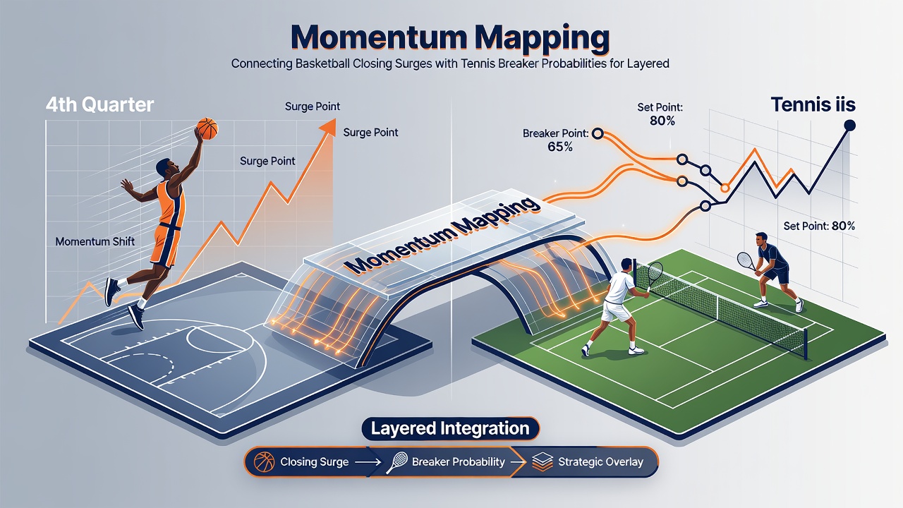 Diagram showing statistical correlation pathways between basketball closing runs and tennis tiebreak outcomes used in layered betting structures
