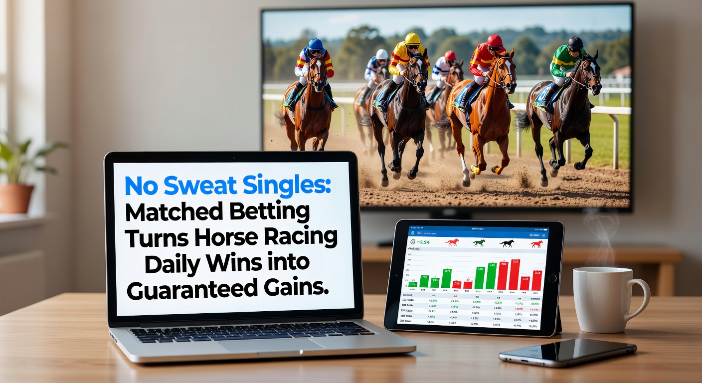 Horse racing track with overlaid betting slips showing matched bets and no sweat promotions, illustrating risk-free profit strategies