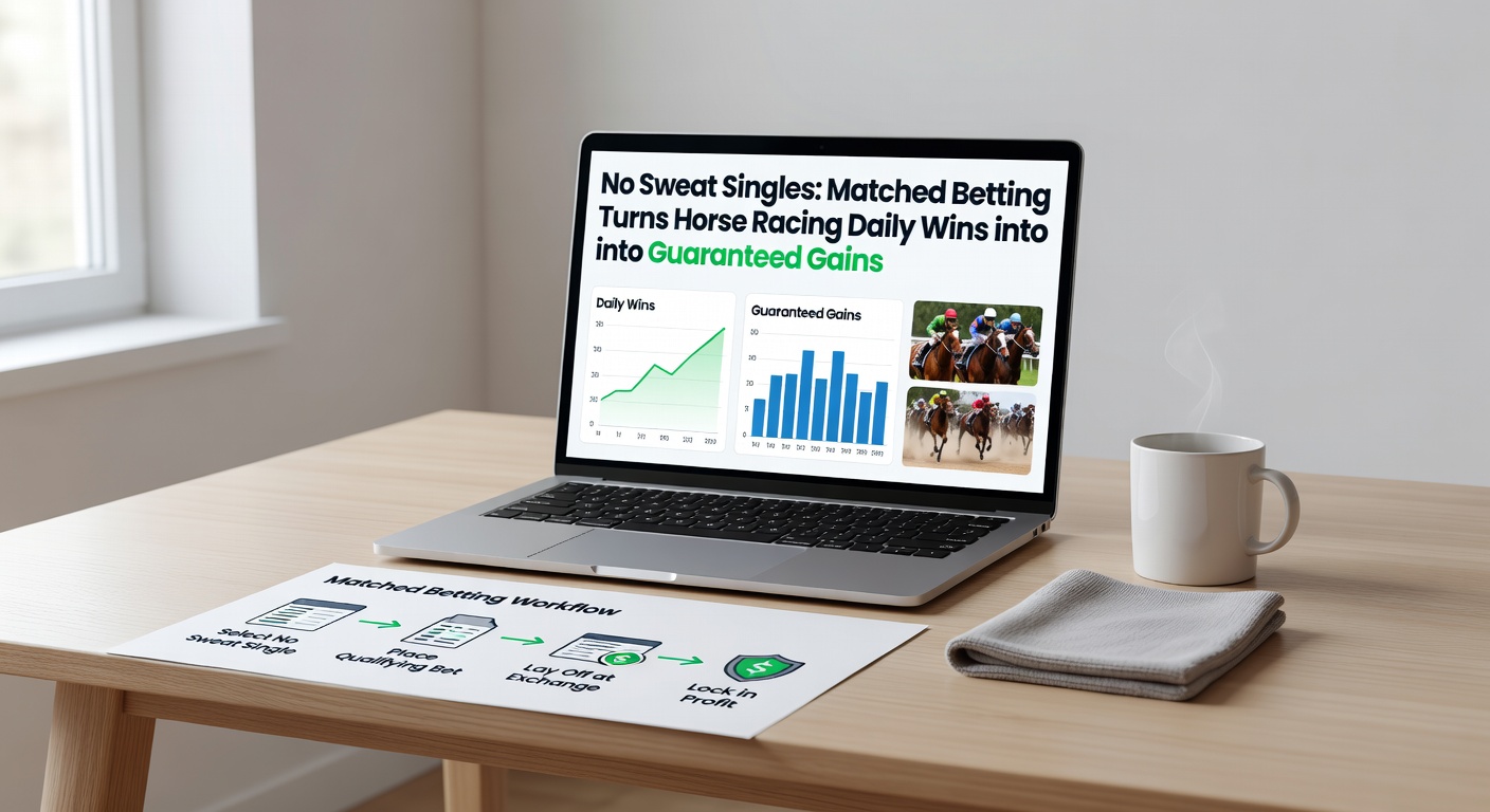 Screenshot of a matched betting calculator displaying a no sweat single on a horse race, with profit figures highlighted in green for both loss and win scenarios