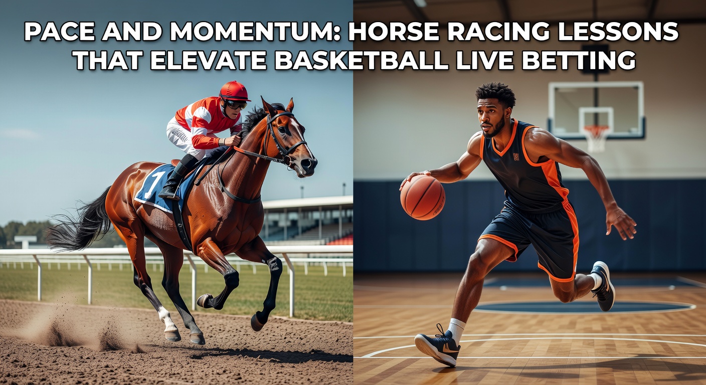 Horse racing field in full stride during a pace-setting early stage, with basketball players driving momentum on the court inset