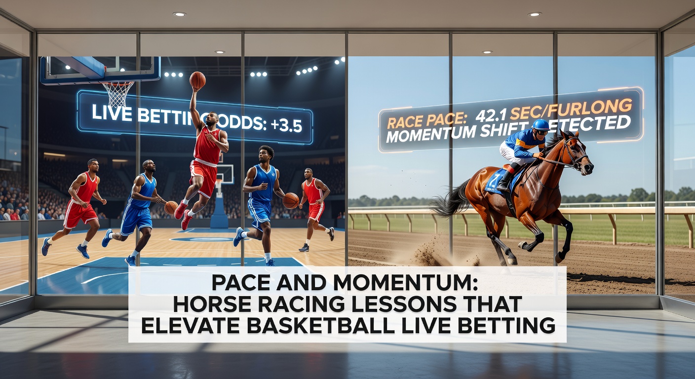 Split-image comparison: a horse surging past tiring frontrunners and basketball team celebrating a game-changing momentum run