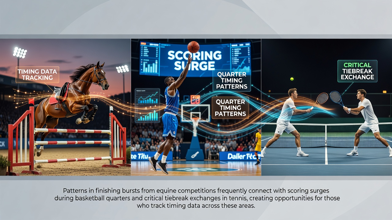 Data visualization showing overlapping timing patterns across horse racing finishes, basketball quarters, and tennis tiebreaks