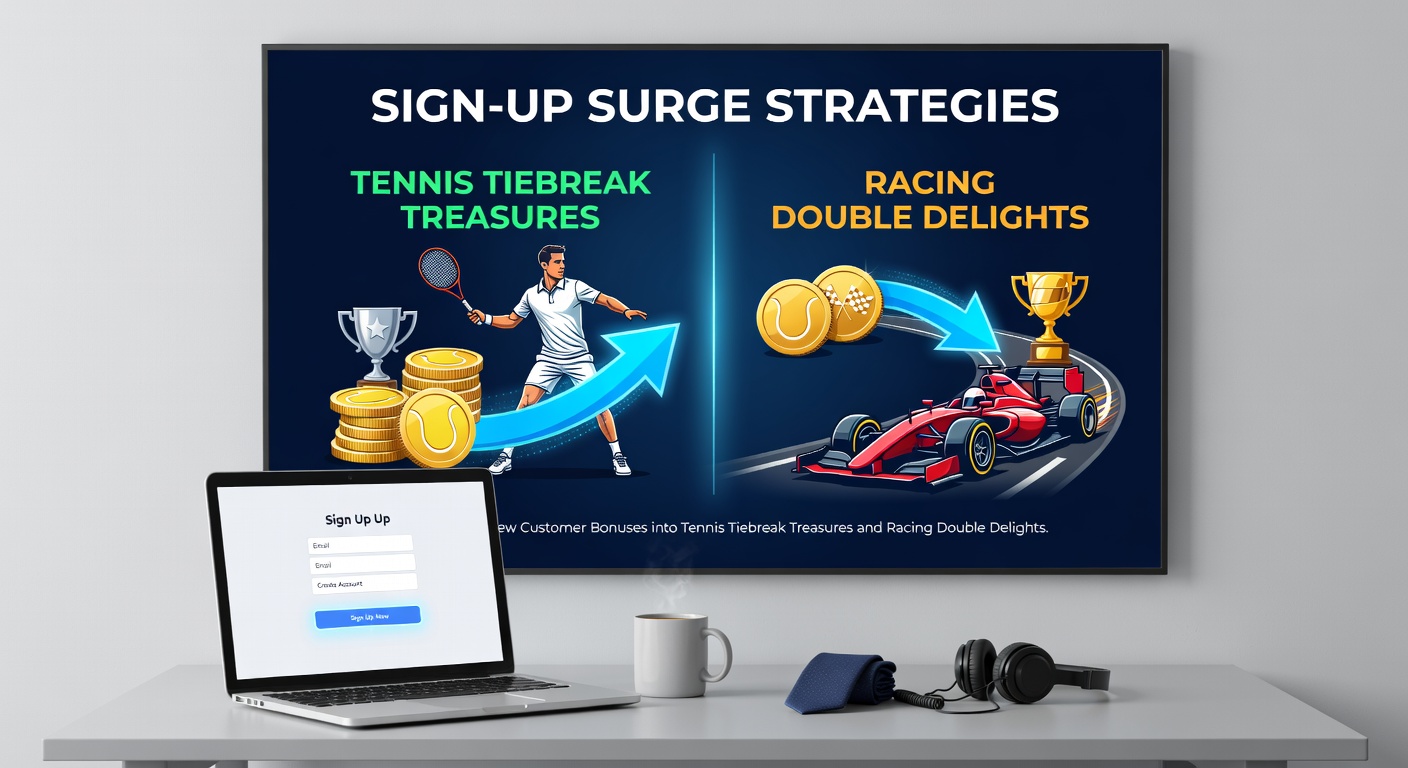 Tennis player serving during a tense tiebreak moment on court, with overlaid graphics showing betting odds and a horse racing double bet slip