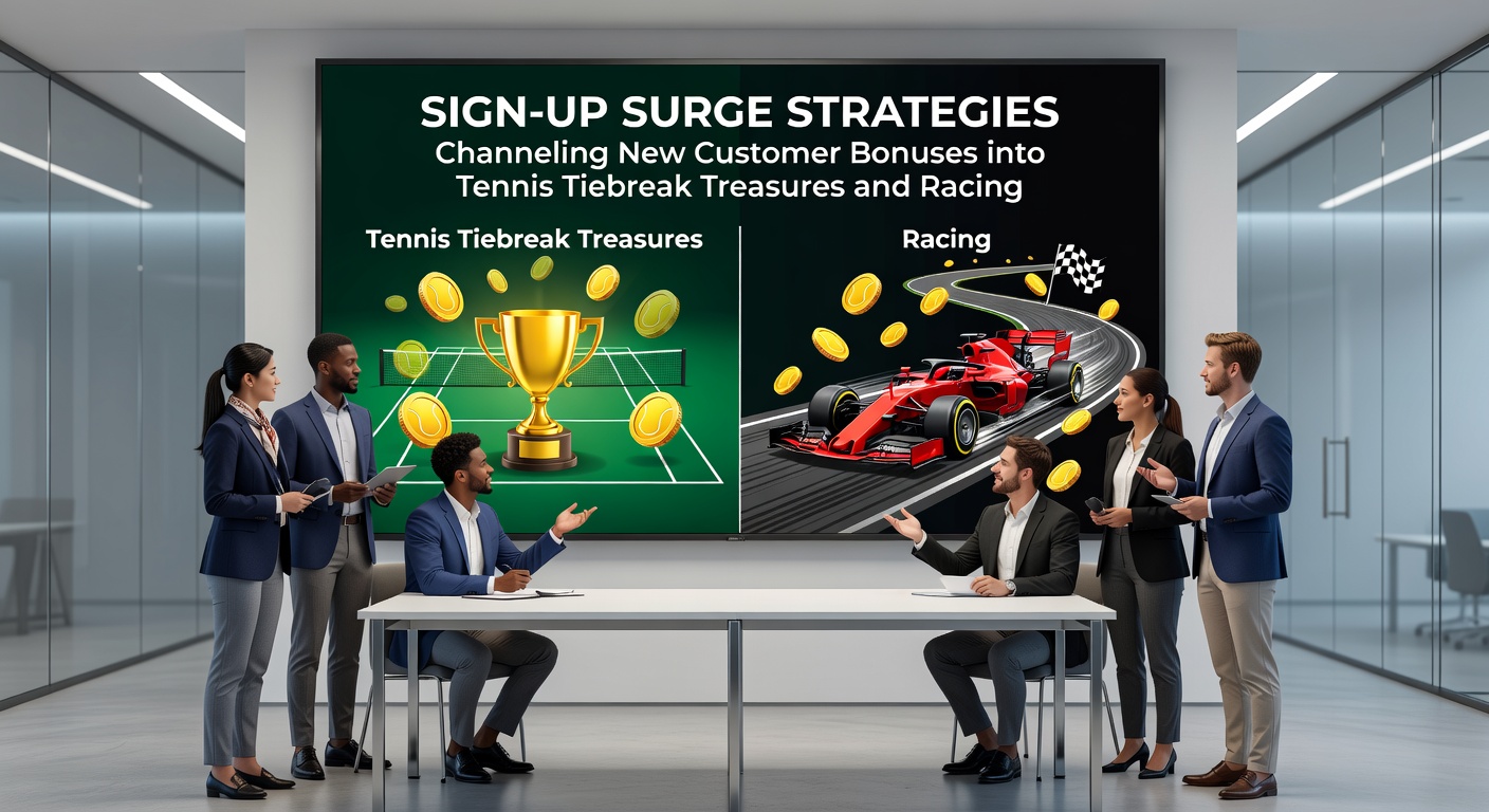 Horse racing scene with two horses neck-and-neck in a sprint finish, digital overlay displaying a successful double bet payout and sign-up bonus icons