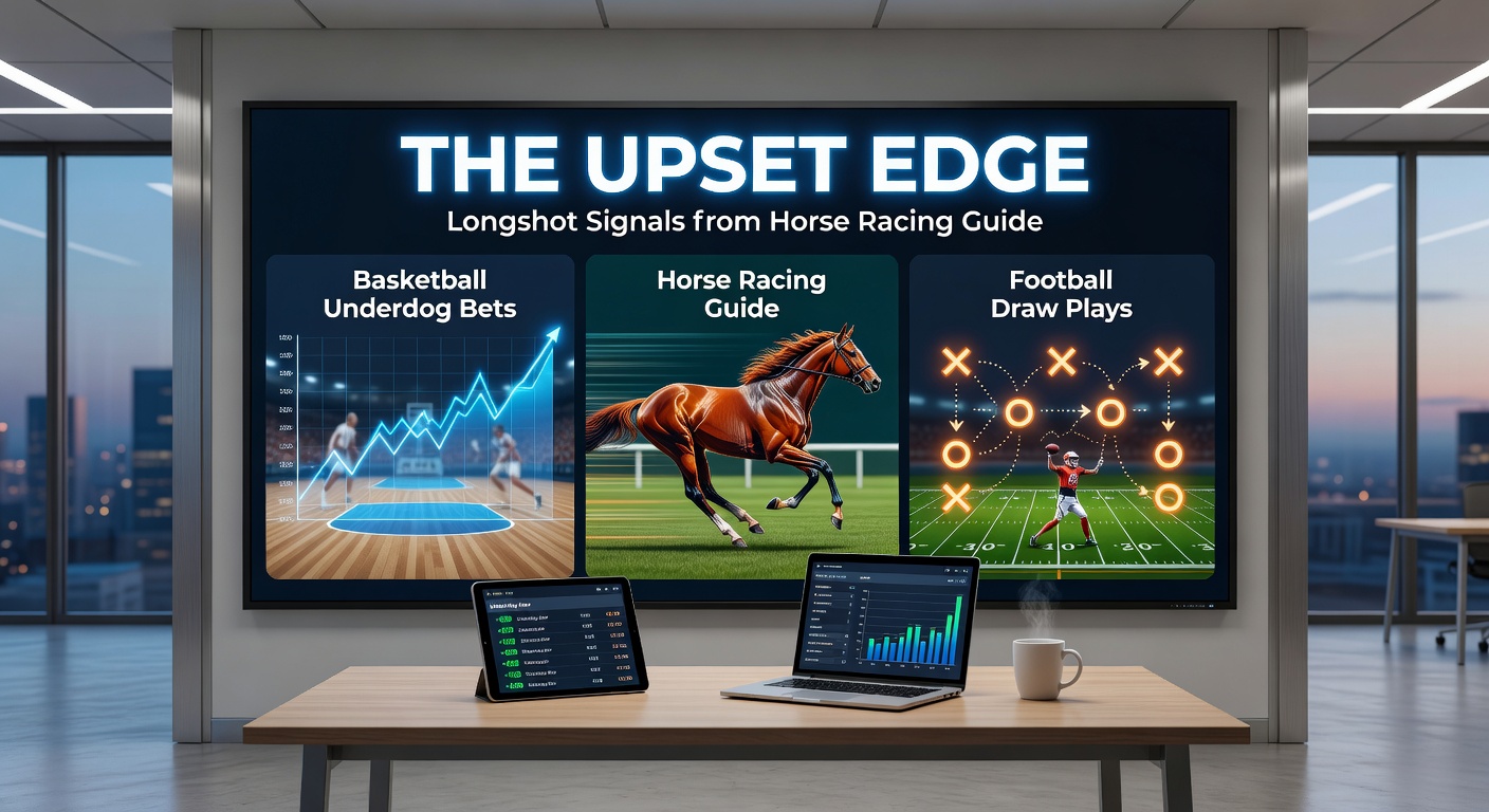 A horse crossing the finish line in a dramatic upset victory, with blurred stadium crowds in the background, symbolizing unexpected triumphs in racing that echo across sports betting