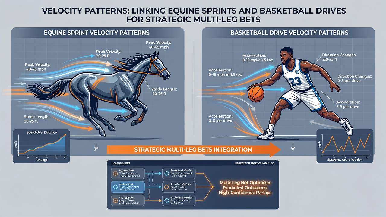 Side-by-side velocity graphs illustrating equine sprint sections and basketball drive paths used in betting analysis